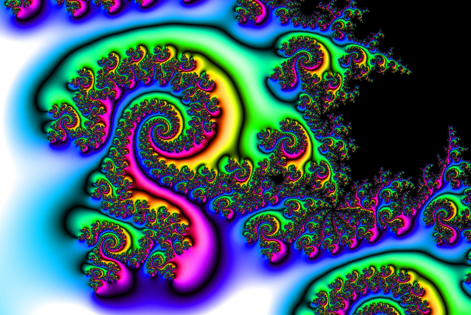 Twisted rainbow spirals from the Mandelbrot set.