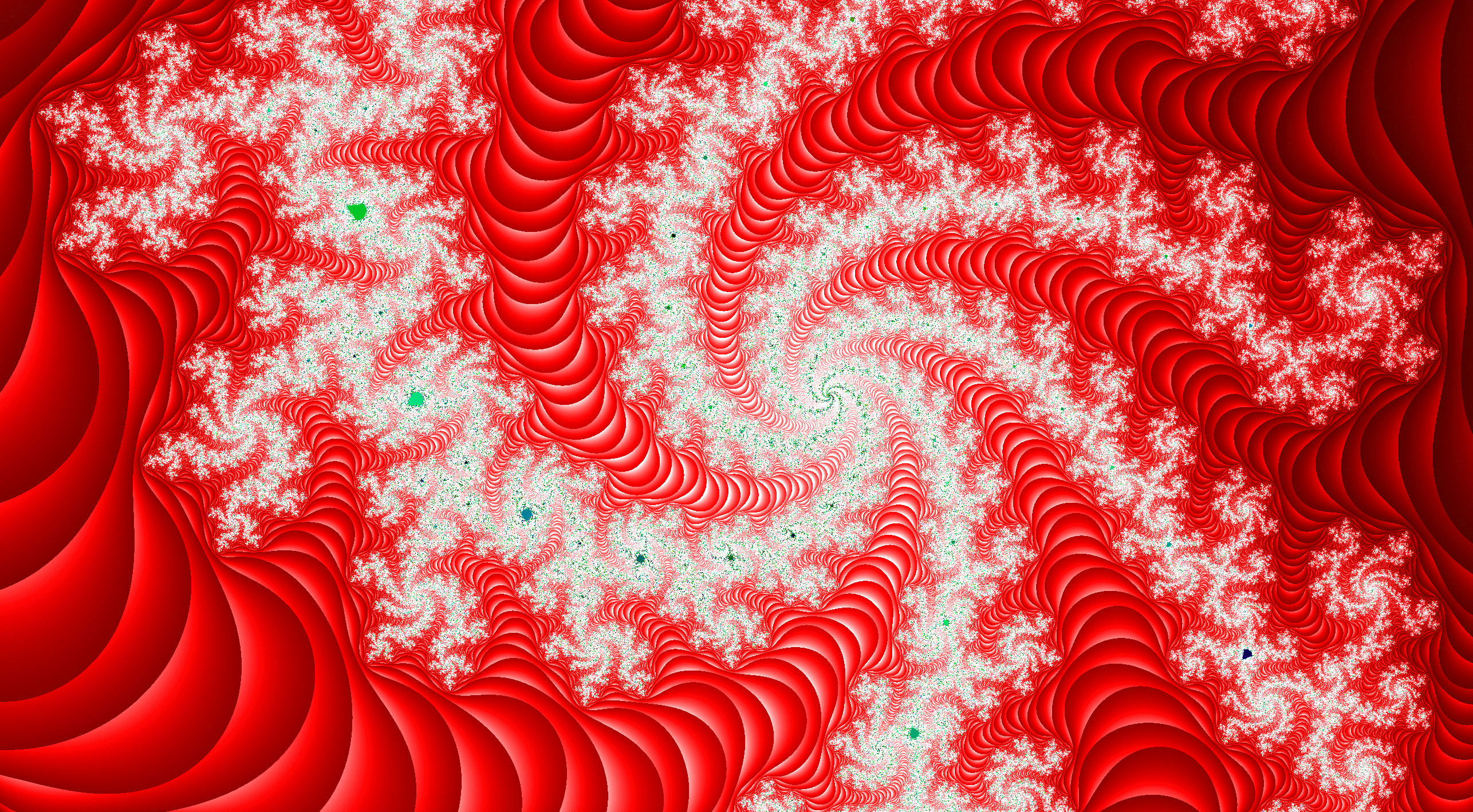 Red spiral fractal with streaks of white and green.