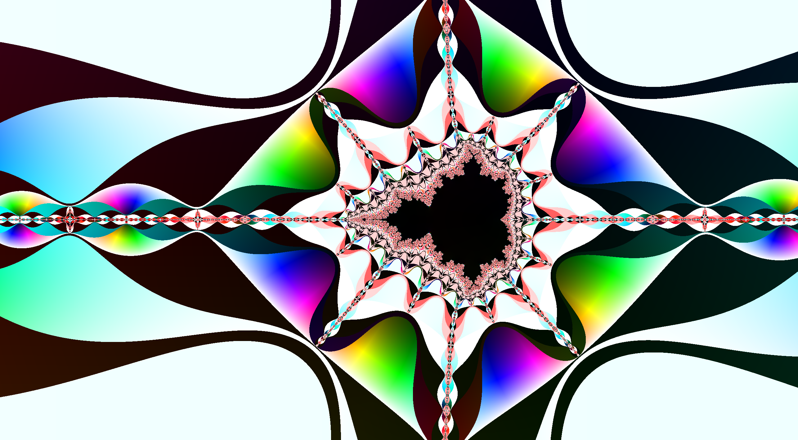 Black Mandelbrot set surrounded by wavy rainbow curves.